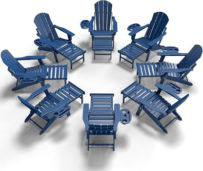 Adjustable Adirondack Chair with Retractable Ottoman Set of 8, HDPE Folding Adirondack Chair with Cup Holder, All Weather Fire Pit Chair for Outdoor.