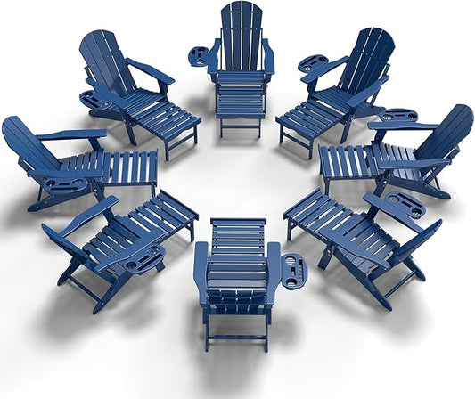 Adjustable Adirondack Chair with Retractable Ottoman Set of 8, HDPE Folding Adirondack Chair with Cup Holder, All Weather Fire Pit Chair for Outdoor.