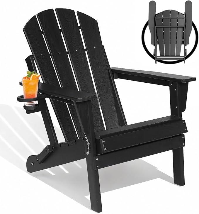 Folding Adirondack Chairs, Plastic Outdoor Patio Chairs with Cup Holder, Wood-Textured with Large Seat for Poolside Backyard Lawn, Black