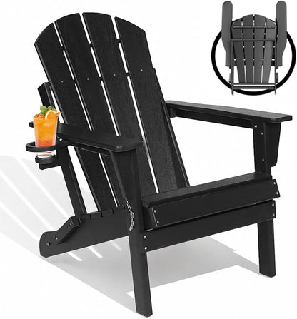 Folding Adirondack Chairs, Plastic Outdoor Patio Chairs with Cup Holder, Wood-Textured with Large Seat for Poolside Backyard Lawn, Black
