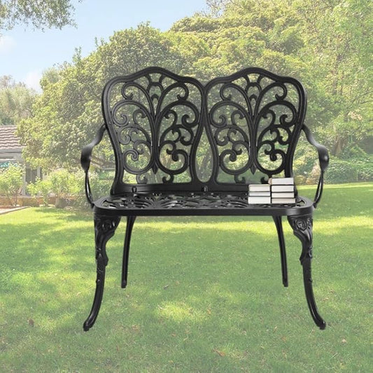 Patio Aluminum Outdoor Bench, Garden Metal Loveseat Furniture, Vintage Carving Antique Black Front Porch Chair Seat