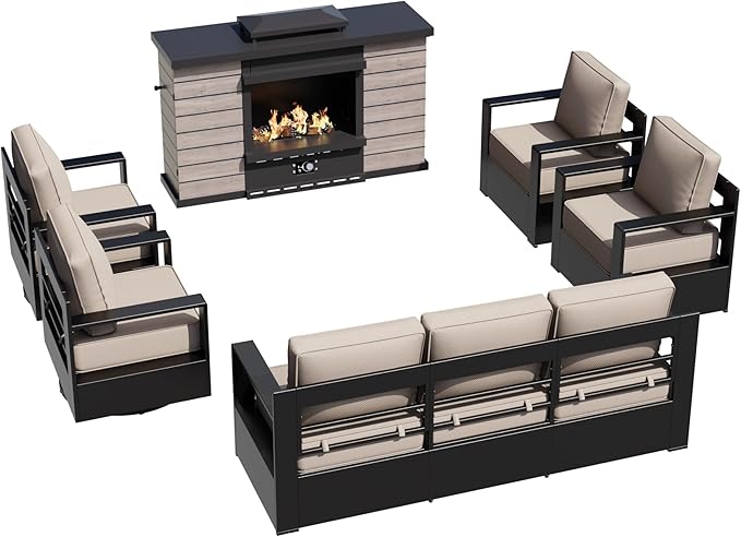 Outdoor Aluminum Furniture Set, 6-Piece Patio Conversation Set, 2 Swivel Chairs, 2 Chairs,1 Sofa and 1 Fireplace, All-Weather Metal Frame, 6" Thick Removable Cushions, Deep Setting for Porch