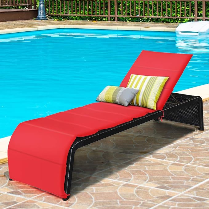 COSTWAY Patio Rattan Lounge Chair, Cushioned Chaise Recliner Chair with Adjustable Back, Garden Backyard Poolside (Red) - Photo 2
