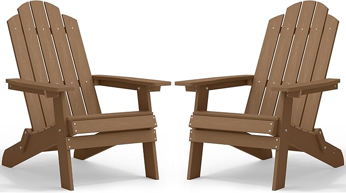 MXIMU Folding Adirondack Chair for Outdoor: Easy to Assemble and Comfortable Adirondack Chairs Set of 2 - All Weather Composite Plastic Chair for Outside Fire Pit Patio Lawn Garden Backyard Use(Teak)