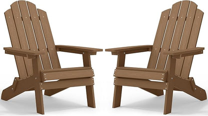 MXIMU Folding Adirondack Chair for Outdoor: Easy to Assemble and Comfortable Adirondack Chairs Set of 2 - All Weather Composite Plastic Chair for Outside Fire Pit Patio Lawn Garden Backyard Use(Teak)