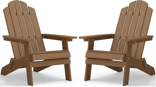 MXIMU Folding Adirondack Chair for Outdoor: Easy to Assemble and Comfortable Adirondack Chairs Set of 2 - All Weather Composite Plastic Chair for Outside Fire Pit Patio Lawn Garden Backyard Use(Teak)