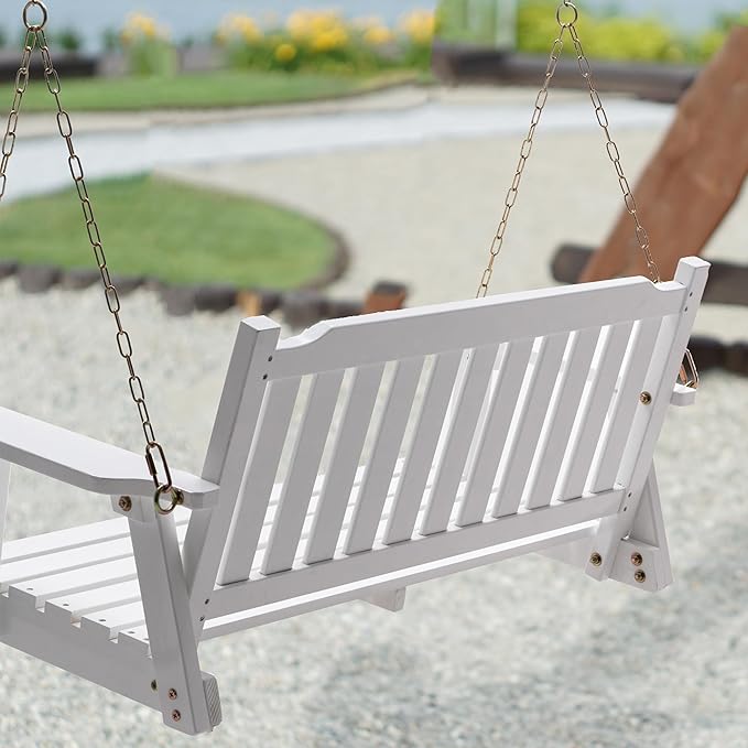 Anraja White Wooden Porch Swing 2-Seater, Bench Swing with Hanging Chains, Heavy Duty 800 LBS - Photo 8
