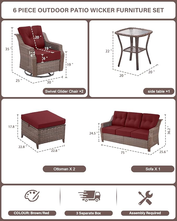 Belord High Back Outdoor Patio Furniture Set - Wicker Outdoor Swivel Rocker Patio Chairs with Sofa and Ottoman - Photo 2