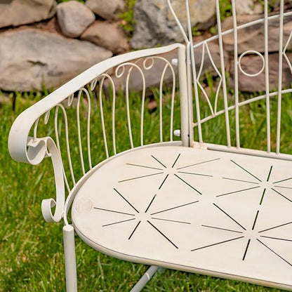 Zaer Ltd. Vintage Style Metal Patio Furniture with Heart Design Accents, Outdoor/Indoor Decor (Distressed White, Garden Bench)