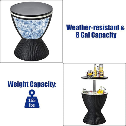 Giantex Outdoor Ice Cooler Side Table with Adjustable Height, 8 Gal Beverage Bucket with Drain Plug, Rattan Patio Bar Table for Poolside, Deck, BBQ & Backyard Parties