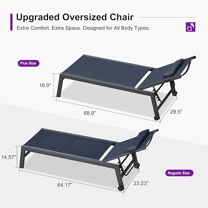 PURPLE LEAF Outdoor Oversized Lounge Chair Set Patio Chaise Pool Lounger Aluminum Frame with 2 Side Table and Wheels for Outside Sunbathing Tanning Recliner Including Pillows Navy Blue