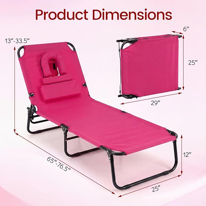 COSTWAY Tanning Chair with Face Hole, Pillows & Adjustable Backrest, Portable with Carrying Bag, Folding Beach Chaise Lounge for Sunbathing, Seaside (1, Pink)