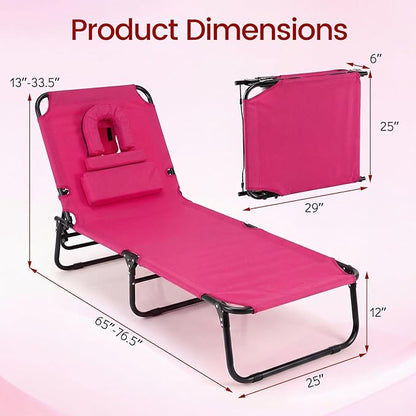 COSTWAY Tanning Chair with Face Hole, Pillows & Adjustable Backrest, Portable with Carrying Bag, Folding Beach Chaise Lounge for Sunbathing, Seaside (1, Pink)