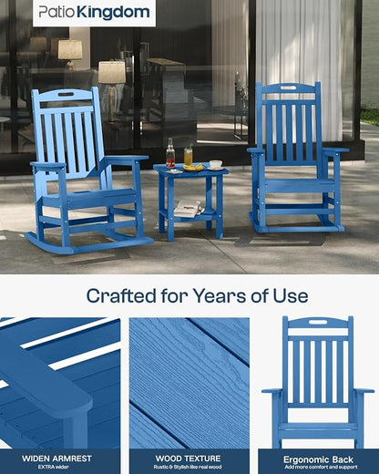 Aruba Blue 4-Piece Outdoor Rocking Chair Set – 2 HDPE Rocking Lawn Chairs, Side Table & Beige 9FT Patio Umbrella, All-Weather Porch Rockers for Patio, Garden, Pool