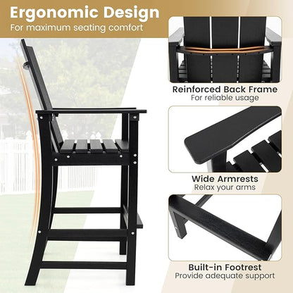 Giantex 52” Tall Adirondack Chair Set of 4, HDPE Outdoor Bar Stool with Ergonomic Backrest, Armrests, Footrest, Fire Pit Chair, All Weather Patio Bistro Chair for Yard, Garden, Lawn (Black)