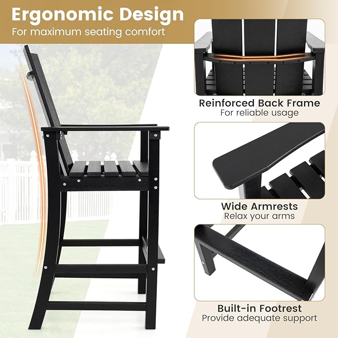 Giantex 52” Tall Adirondack Chair Set of 2, HDPE Outdoor Bar Stool with Ergonomic Backrest, Armrests, Footrest, Fire Pit Chair, All Weather Patio Bistro Chair for Garden, Lawn (Black)