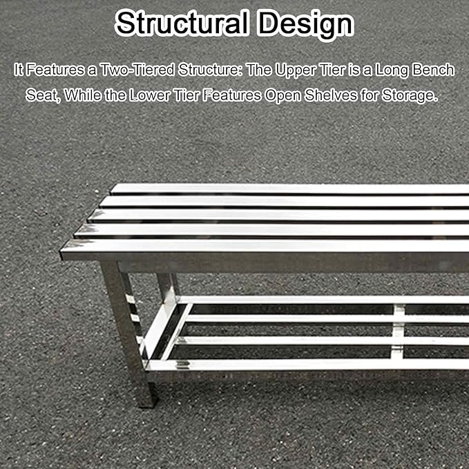 Outdoor Bench 304 Stainless Steel Metal, Garden Bench with Storage Shelf for 2-3 Person Seat 1102Ib High Capacity, for Gym, Outdoor, Commercial Use(150cm/59in)