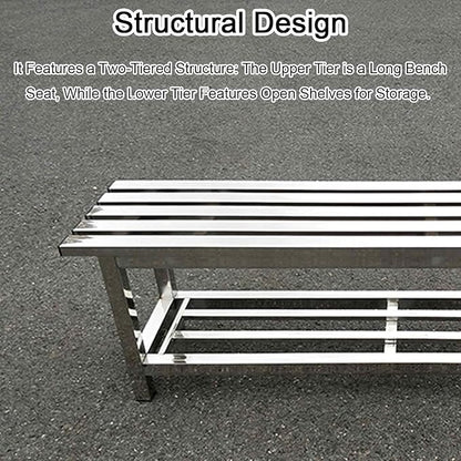 Outdoor Bench 304 Stainless Steel Metal, Garden Bench with Storage Shelf for 2-3 Person Seat 1102Ib High Capacity, for Gym, Outdoor, Commercial Use(150cm/59in)