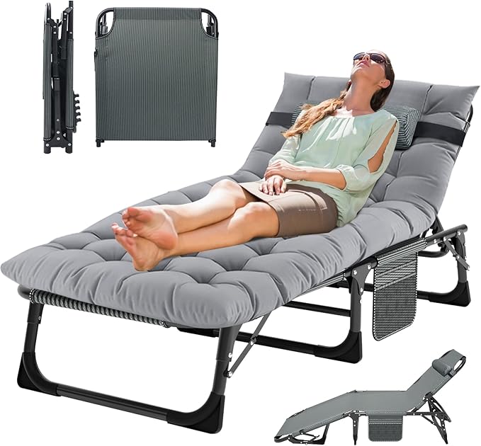 MOPHOTO Folding Lounge Chair 5-Position, Folding Cot, Portable Outdoor Chaise Lounge Chair for Sun Tanning - Photo 1