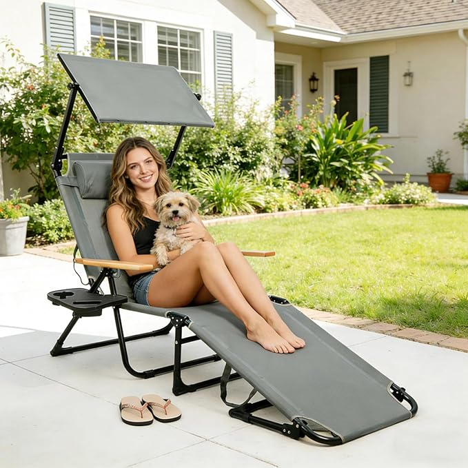 Folding Outdoor Chaise Lounge Chair with 360°Shade, 4 Position Portable Sun Tanning Chair with Headrest, Foldable Beach Lounge Chair with Cup Holders & Wooden Armrests for Patio Pool Lawn (Grey-B)
