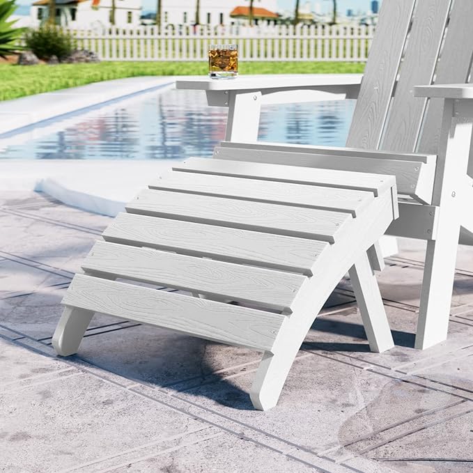 MXIMU Folding Adirondack Ottoman Set of 4: HIPS Plastic Outdoor Footrest Easy Assembly - All Weather Foot Stool Foot Rest for Adirondack Chair Use in Patio Garden Backyard Pool (White)