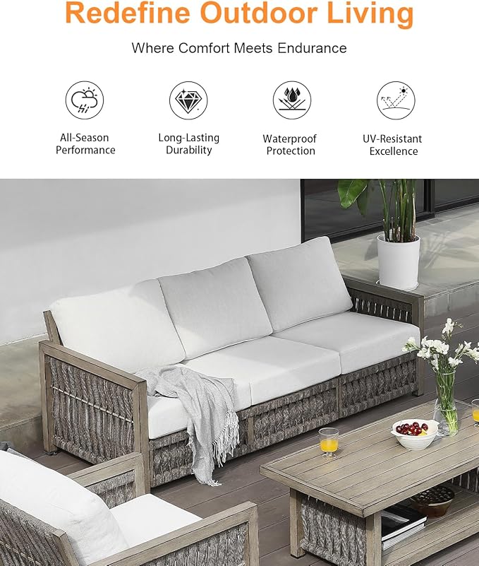 3 Seats Outdoor Sofa, Aluminum Patio Sofas Couch with Thick Cushions, Never-Rust 3-Seater Rope Weave Outside Patio Couch - Photo 5