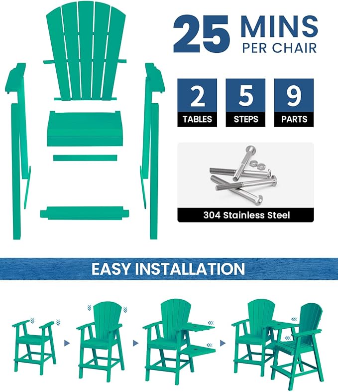 Ciokea Tall Adirondack Chairs Set of 4, HDPE Outdoor Adirondack Bar Stools with Double Connecting Tray - Photo 4