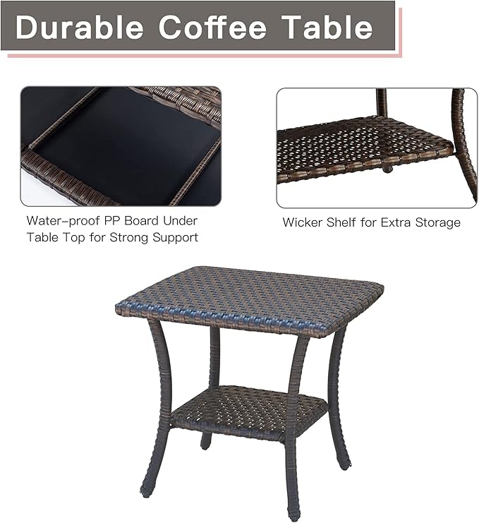 Rilyson Outdoor Patio Swivel Rocker Chairs - 3 PC Wicker Patio Bistro Sets with High Back,Comfy Cushions, Deep Seating and Side Table for Porch Deck Backyard Garden(Brown/Blue)