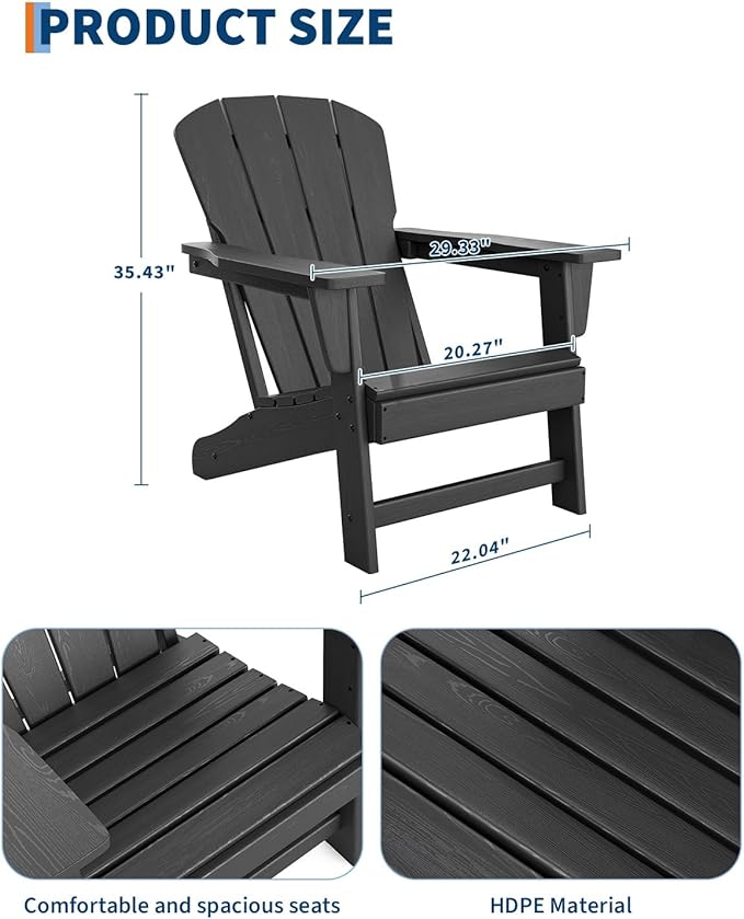 Modern HDPE Plastic Adirondack Chair - Oversize 380 LB Poly Lumber Weather Resistant Firepit Chair - Outdoor Patio Chairs with Wooden Textured for Garden, Backyard, Lawn, Deck, Pool, Porch - Black