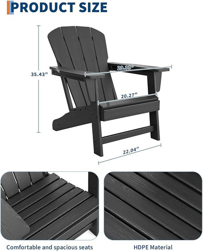 Modern HDPE Plastic Adirondack Chair - Oversize 380 LB Poly Lumber Weather Resistant Firepit Chair - Outdoor Patio Chairs with Wooden Textured for Garden, Backyard, Lawn, Deck, Pool, Porch - Black