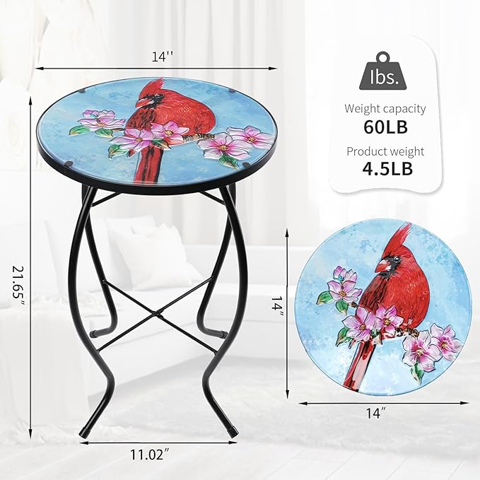 VCUTEKA Patio Side Table Outdoor Accent Table Bistro Coffee Table Plant End Table Small Porch Table Indoor Round Glass Balcony Plant Table Stands Cardinal 14''