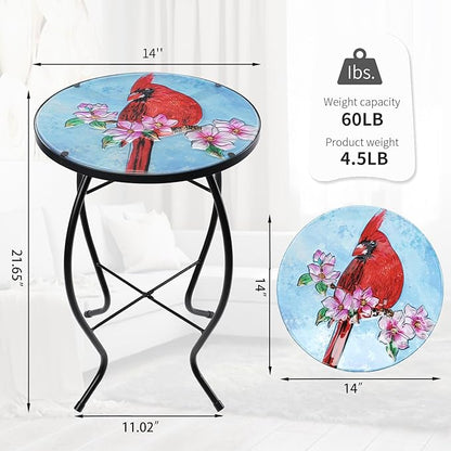 VCUTEKA Patio Side Table Outdoor Accent Table Bistro Coffee Table Plant End Table Small Porch Table Indoor Round Glass Balcony Plant Table Stands Cardinal 14''