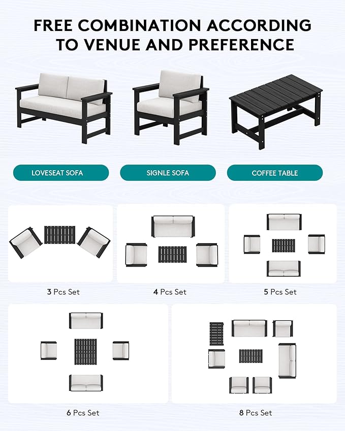 SERWALL 2 Pieces Single Cushioned Sofa Armchair, Black HDPE Adirondack Outdoor Sofa Lounge with Khaki Cushion - Photo 5