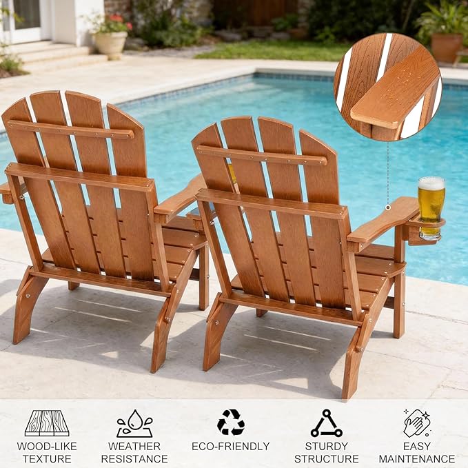 Folding Adirondack Chair, All Weather Stable Gun-Leg Design Fire Pit Chairs with Cupholder for Outside
