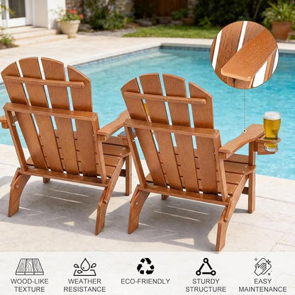 Folding Adirondack Chair, All Weather Stable Gun-Leg Design Fire Pit Chairs with Cupholder for Outside