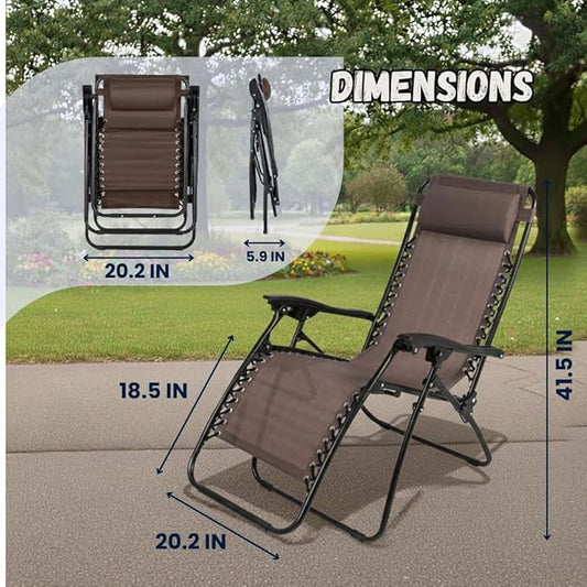 EZONE 1 - Chair Zero Gravity Lounge Chair Outdoor Adjustable Reclining Patio Chair Steel Mesh Folding Recliner for Pool Beach Camping Lounge Chair with Pillow and Cup Tray (1, Brown)