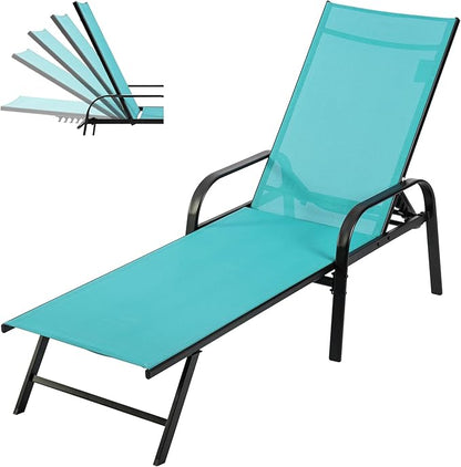 DUMOS Foldable Chaise Lounge Chair, 5-Position Beach Lounge Recliner Chair with Armrests, Outdoor Sun Chairs with Metal Frame for Patio Backyard Poolside Seating, Blue