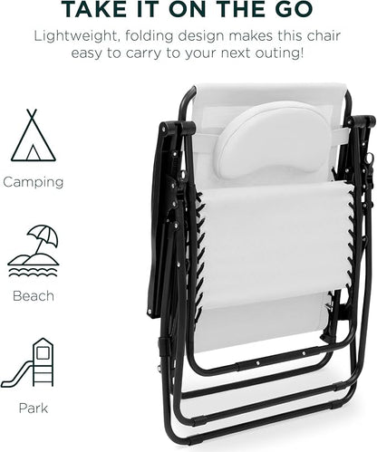 Best Choice Products Oversized Zero Gravity Chair, Folding Outdoor Patio Lounge Recliner w/Cup Holder Accessory Tray, Pillow - Snow/Black