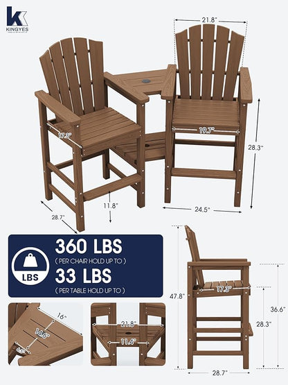 KINGYES Tall Adirondack Chair Set of 2 with 9FT Umbrella, All-Weather HDPE Outdoor Adirondack Barstools with Removable Double Connecting Trays, High Airondack Chair with Wood Grain, Brown