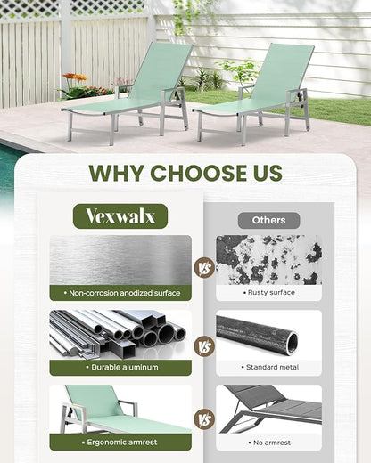 Patio Chaise Lounge Chair Outdoor Set of 2 with Wheels&Armrests, Aluminum Pool Lounge Chairs Five-Position Adjustable Recliner, Outdoor Beach Lounge Chairs for Poolside, Patio, Deck, Yard, Light Green