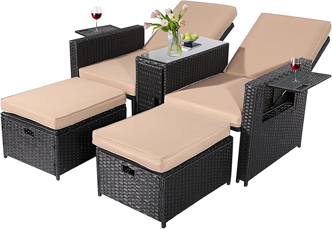 5PCS Outdoor Wicker Chaise Lounge Chair - Rattan Adjustable Reclining Patio Lounge Chair with Ottoman and Coffee Table - Photo 1