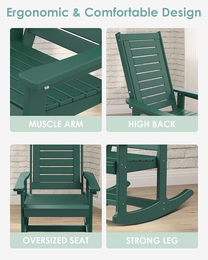 IVY&LANE Outdoor Rocking Chairs Set of 4 | Porch-Rockers | Forest | HDPE Plastic | All-Weather | High Back | Wide Seat | Oversized Patio Rocker for Adult | for Outside Deck Balcony Garden