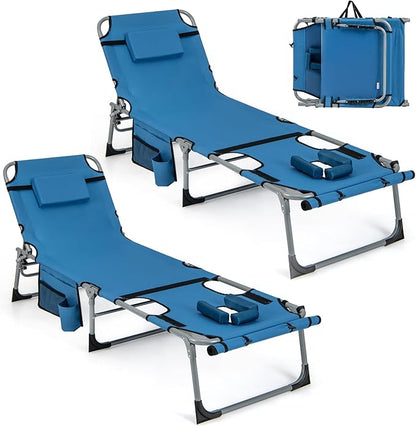 GYMAX Tanning Chair, 330LBS Beach Lounge Chair with Face Arm Hole & Hand Shoulder Strap, Folding Layout Sunbathing Chair, Face Down Outdoor Chaise Lounger for Patio, Poolside, Lawn, Backyard (2, Blue)