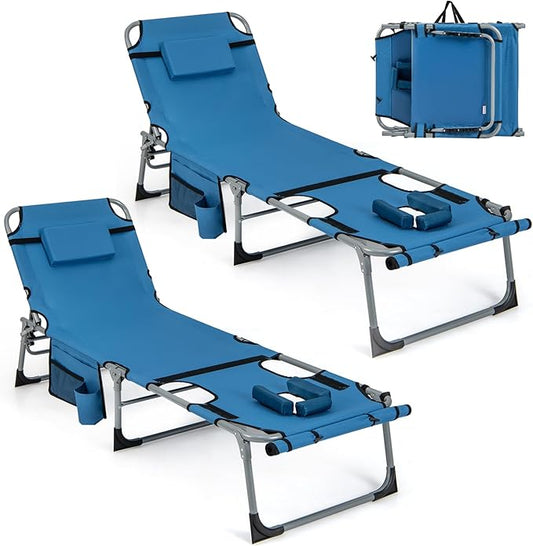 GYMAX Tanning Chair, 330LBS Beach Lounge Chair with Face Arm Hole & Hand Shoulder Strap, Folding Layout Sunbathing Chair, Face Down Outdoor Chaise Lounger for Patio, Poolside, Lawn, Backyard (2, Blue)