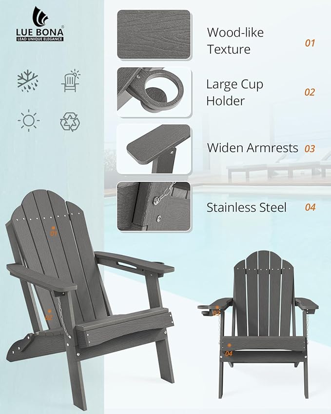LUE BONA Folding Adirondack Chair, Chairs Set of 6, Cup Holder, Woodgrain, Fire Pit, Patio, Pool, Dark Grey - Photo 4