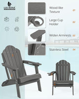 LUE BONA Folding Adirondack Chair, Chairs Set of 6, Cup Holder, Woodgrain, Fire Pit, Patio, Pool, Dark Grey - Photo 4