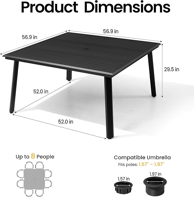 Aluminum Patio Dining Table with Umbrella Hole, 57" Square All-Weather Outdoor Table for 8 Slatted Design for Lawn, Backyard, Garden, Black