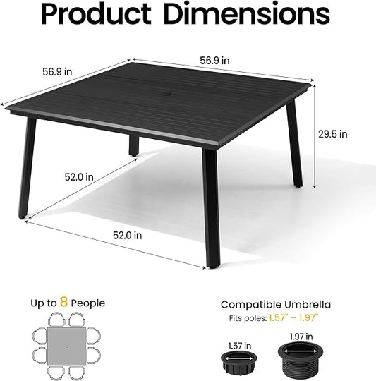 Aluminum Patio Dining Table with Umbrella Hole, 57" Square All-Weather Outdoor Table for 8 Slatted Design for Lawn, Backyard, Garden, Black