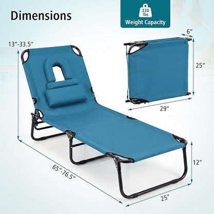 GYMAX Tanning Chair, Folding Lounge Chairs with Face Hole & Cover, Removable Pillow Carry Handle, Portable Compact Outdoor Layout Recliner for Beach, Poolside, Lawn, Patio, Camping (Blue,2)
