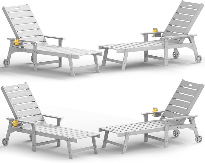 YEFU Lounge Chair Outdoor Set of 4: Outdoor Chaise Lounge with 5-Level Adjustable Backrest, Cup Holders & Wheels, All-Weather Resistance Chaise Lounge for Outside/Patio/Beach/Deck, White